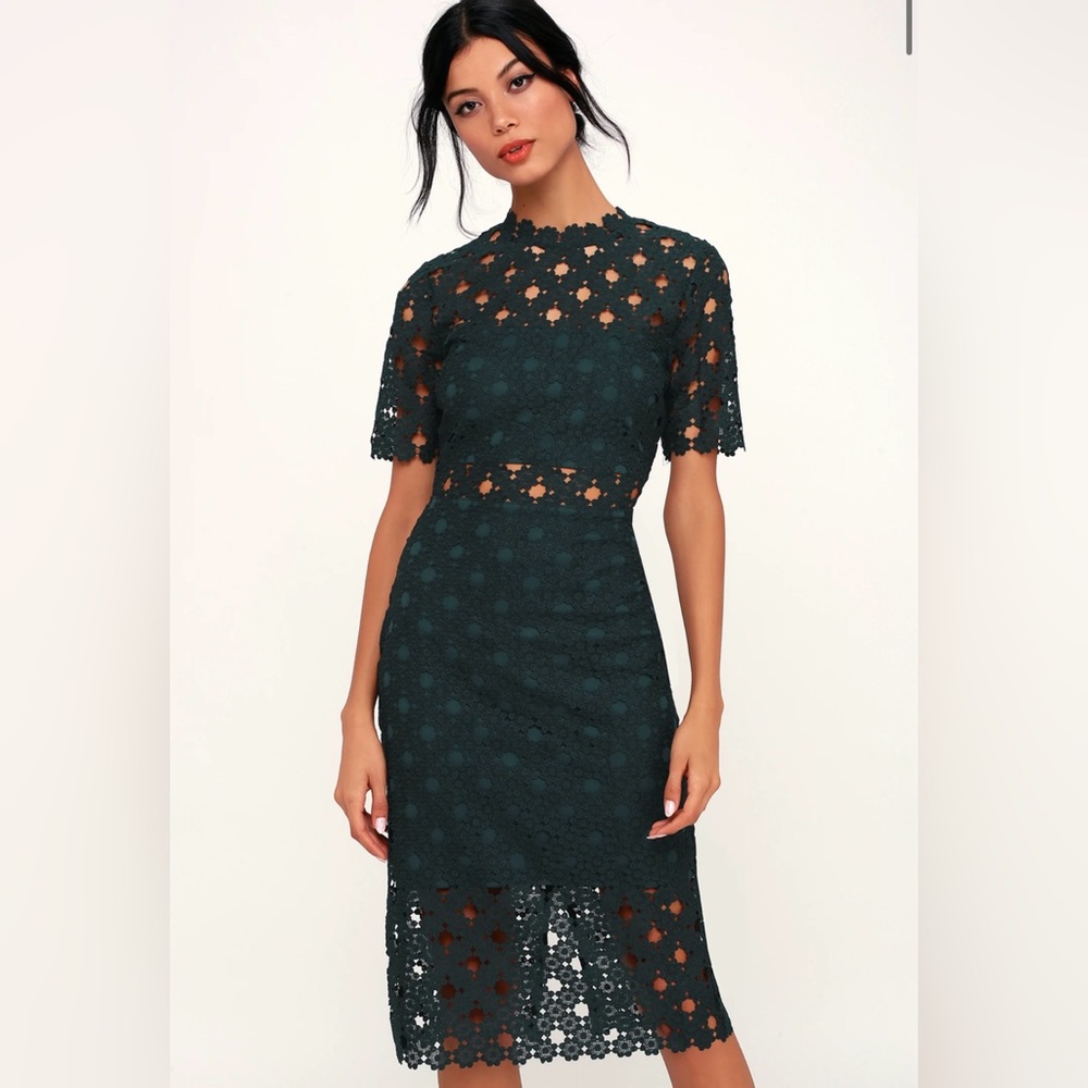 Lulus Heartfelt Dark Teal Green Lace Bodycon Midi Dress